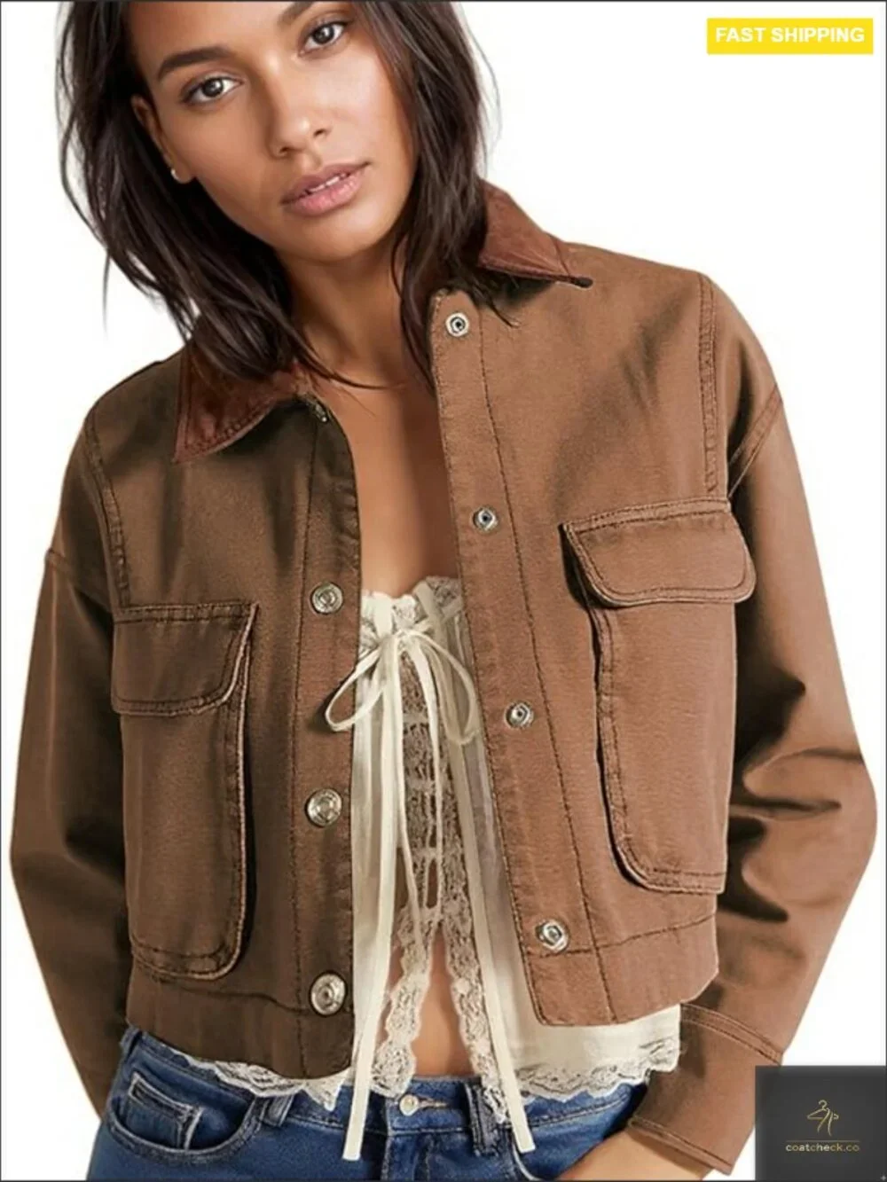 Cropped Barn Jacket Contrast Collar Long Sleeve Cotton Cargo Jacket with Pockets